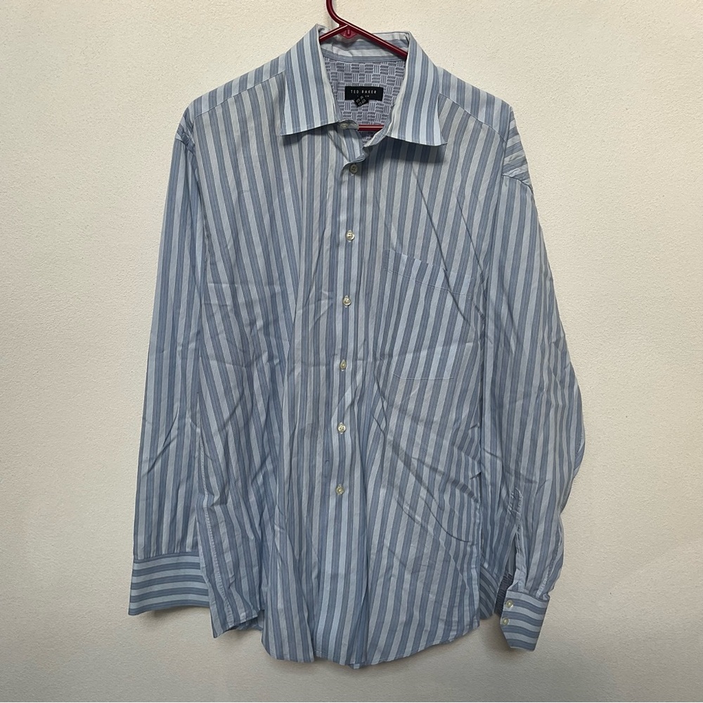 Ted Baker London Blue Striped Button Up Shirt Size 17 (34-35) Office Career